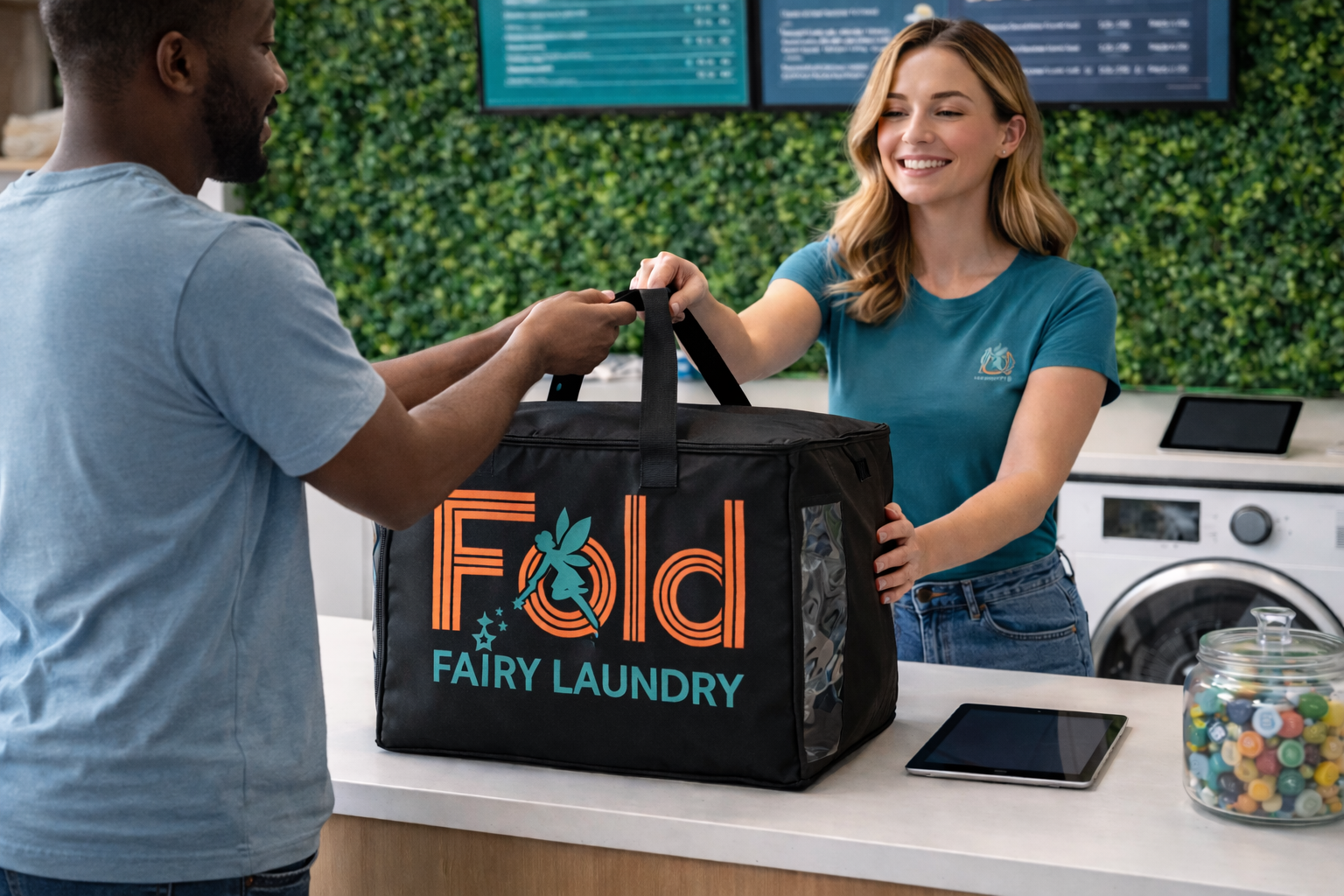 Customer dropping off laundry at Fold Fairy