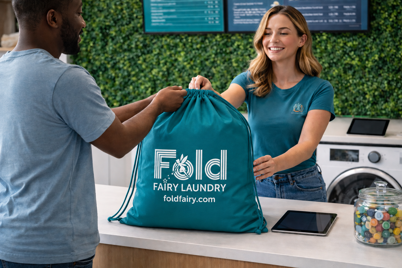 Customer dropping off a Fold Fairy laundry bag at the counter